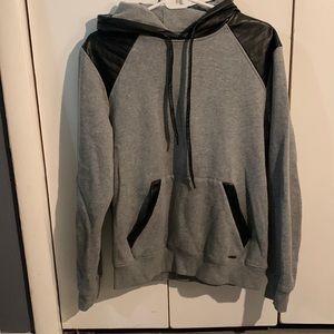 Mens gray and black sweatshirt with faux black leather trim